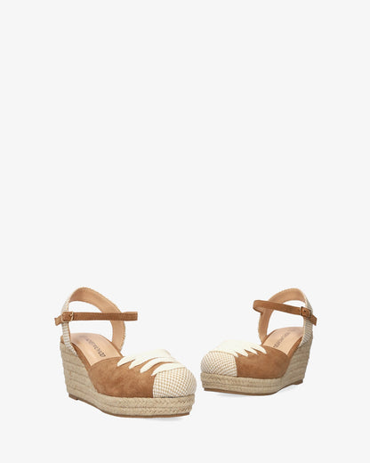 Camel-colored faux suede sandal with jute wedge
