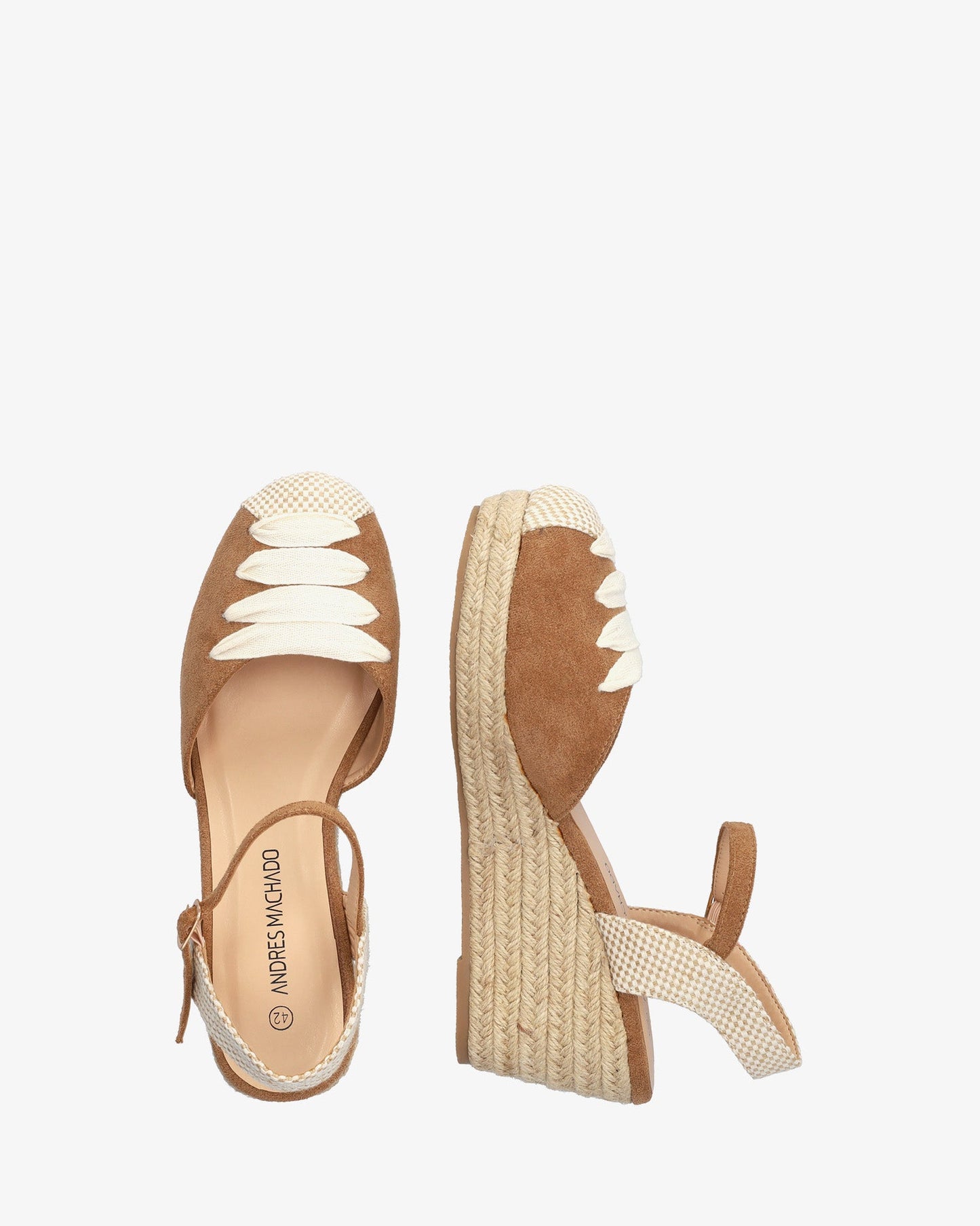 Camel-colored faux suede sandal with jute wedge