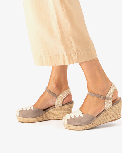 Grey faux suede sandal with jute wedge