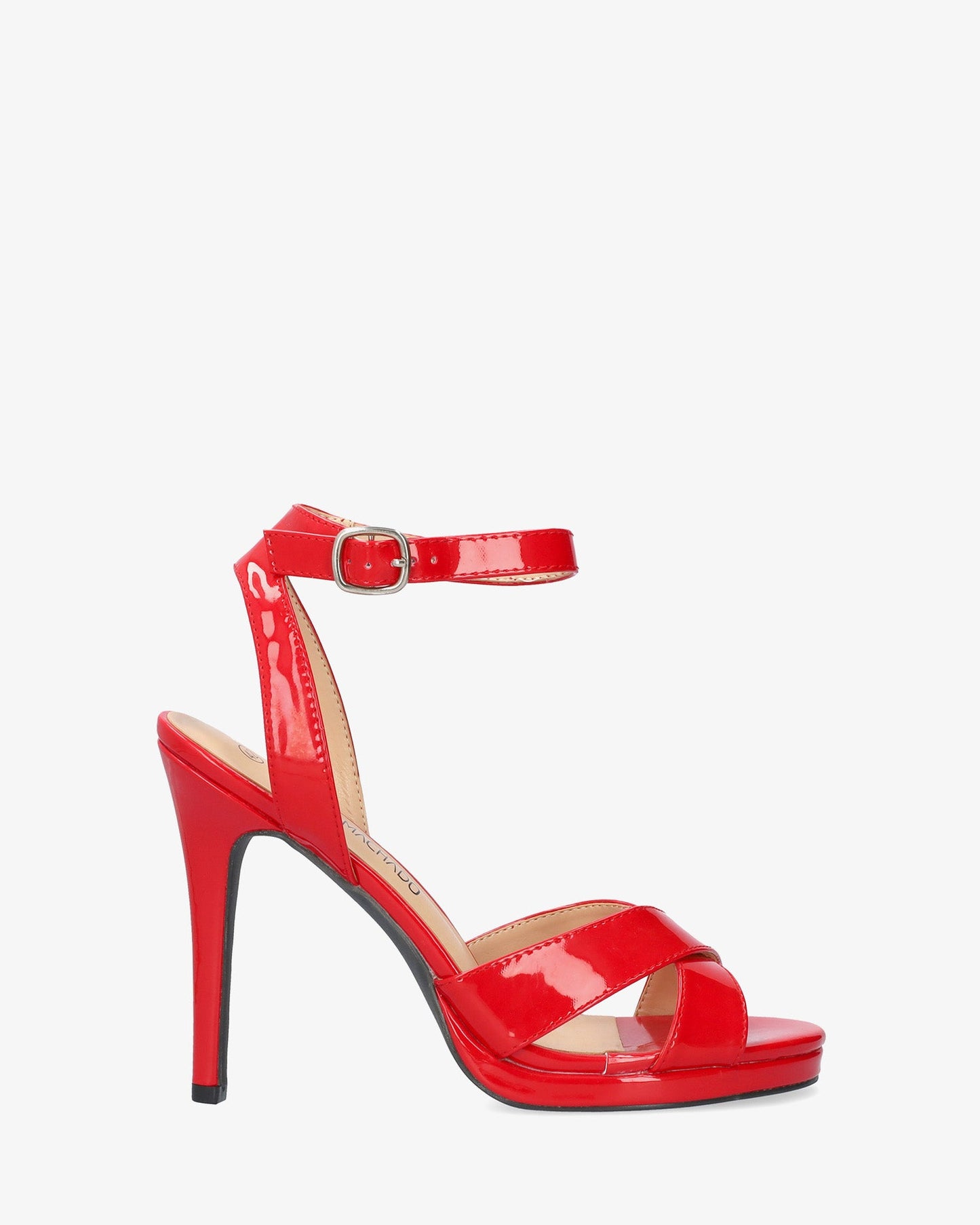 Red patent leather sandal with high heel