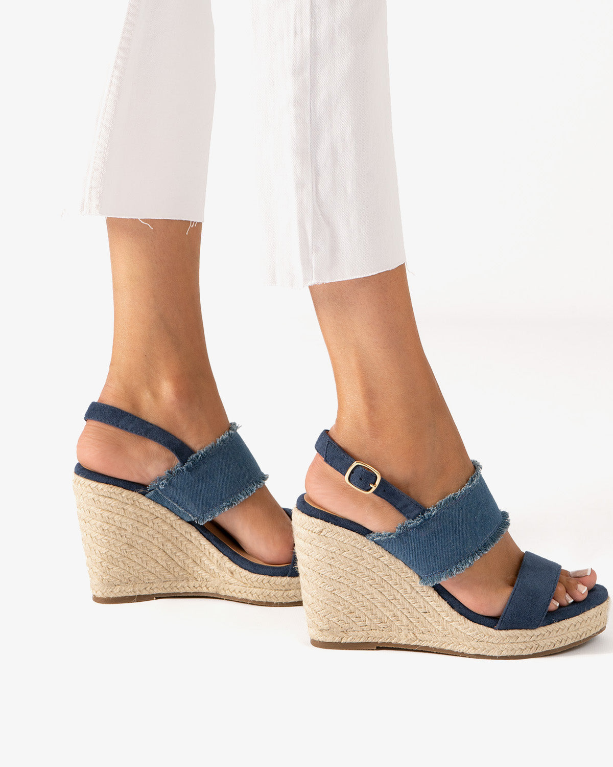 Blue faux suede sandal with jute wedge