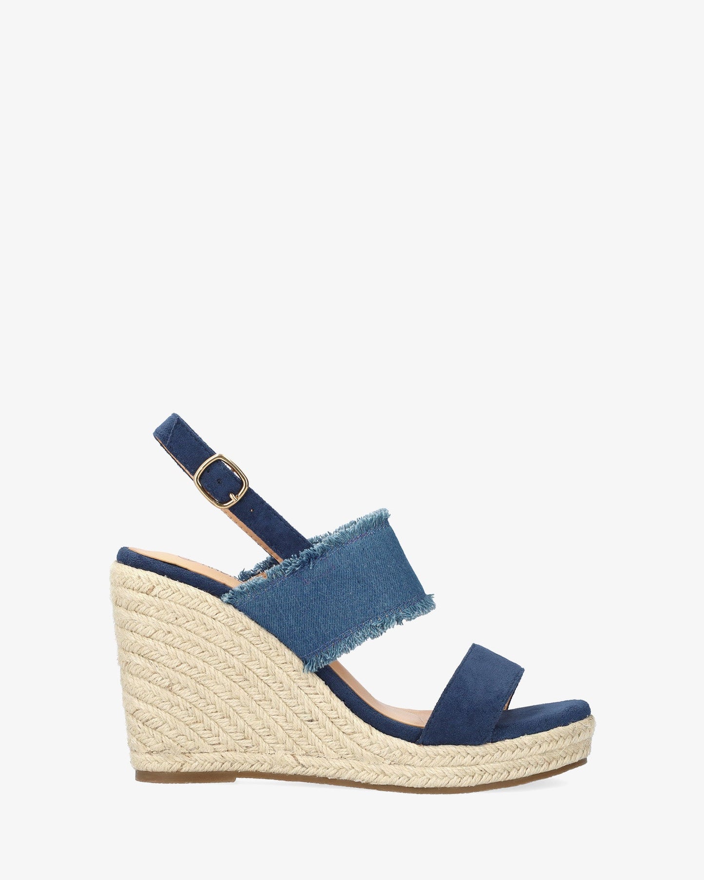 Blue faux suede sandal with jute wedge