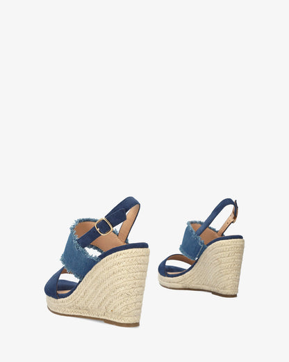Blue faux suede sandal with jute wedge