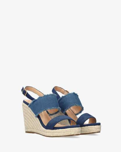 Blue faux suede sandal with jute wedge