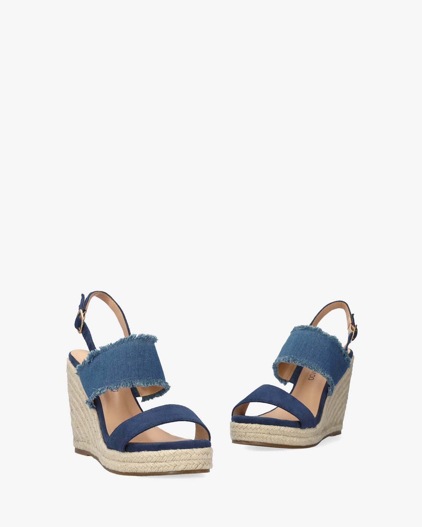Blue faux suede sandal with jute wedge