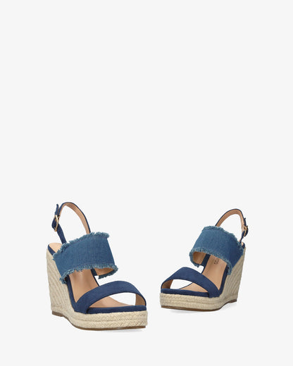 Blue faux suede sandal with jute wedge