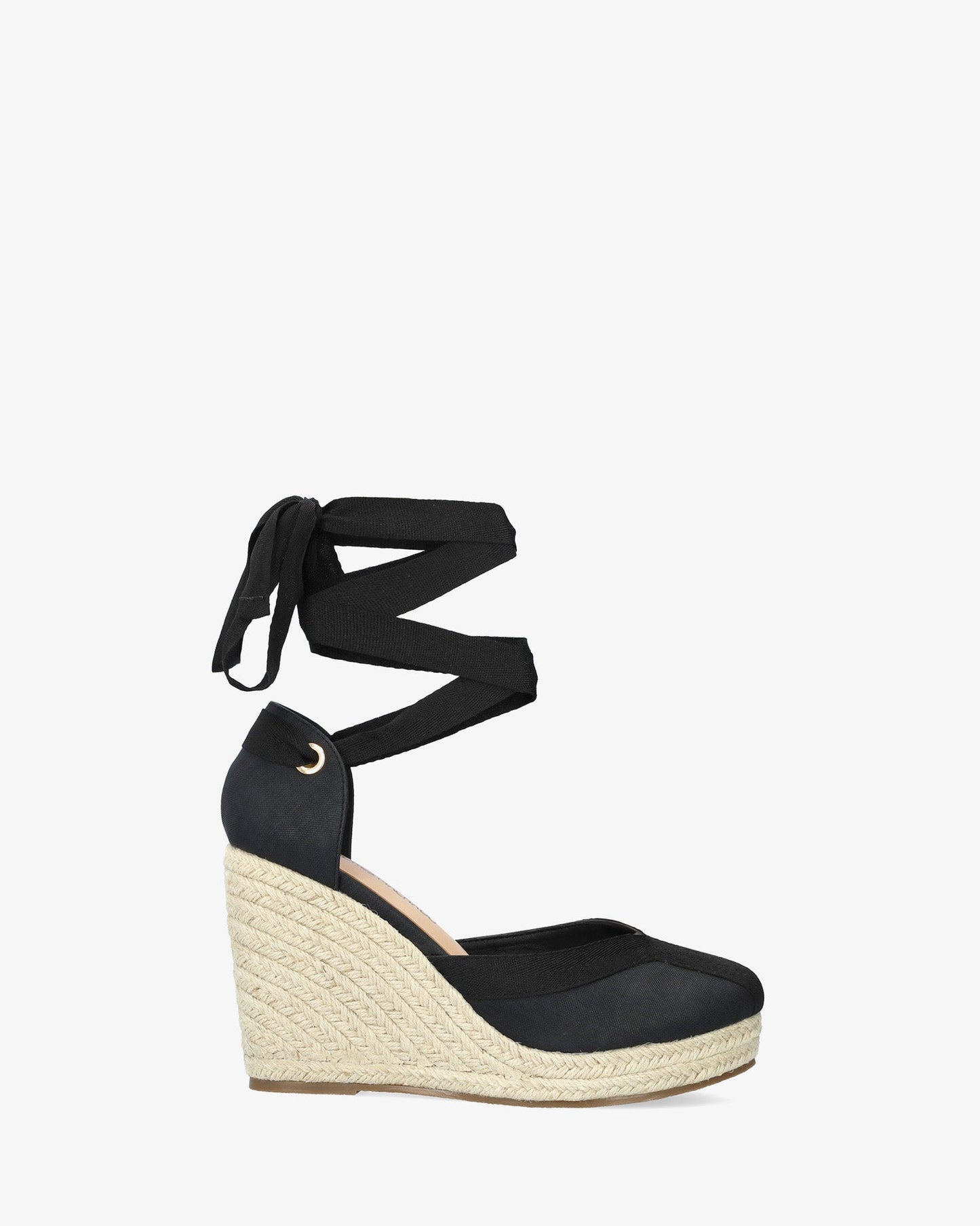 Black fabric sandal with jute wedge