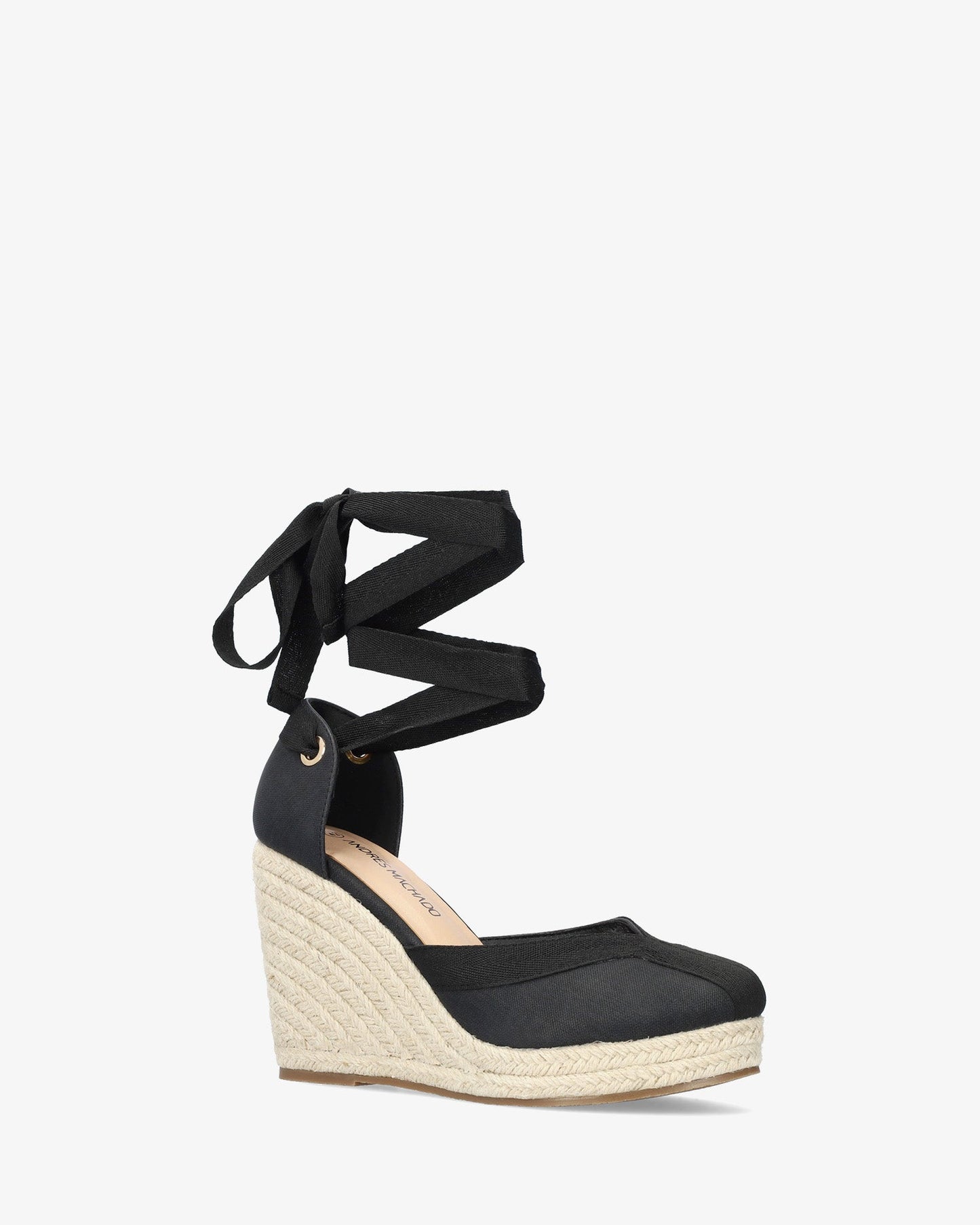 Black fabric sandal with jute wedge