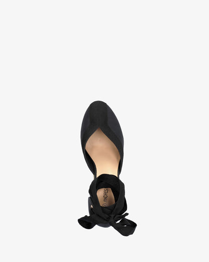 Black fabric sandal with jute wedge