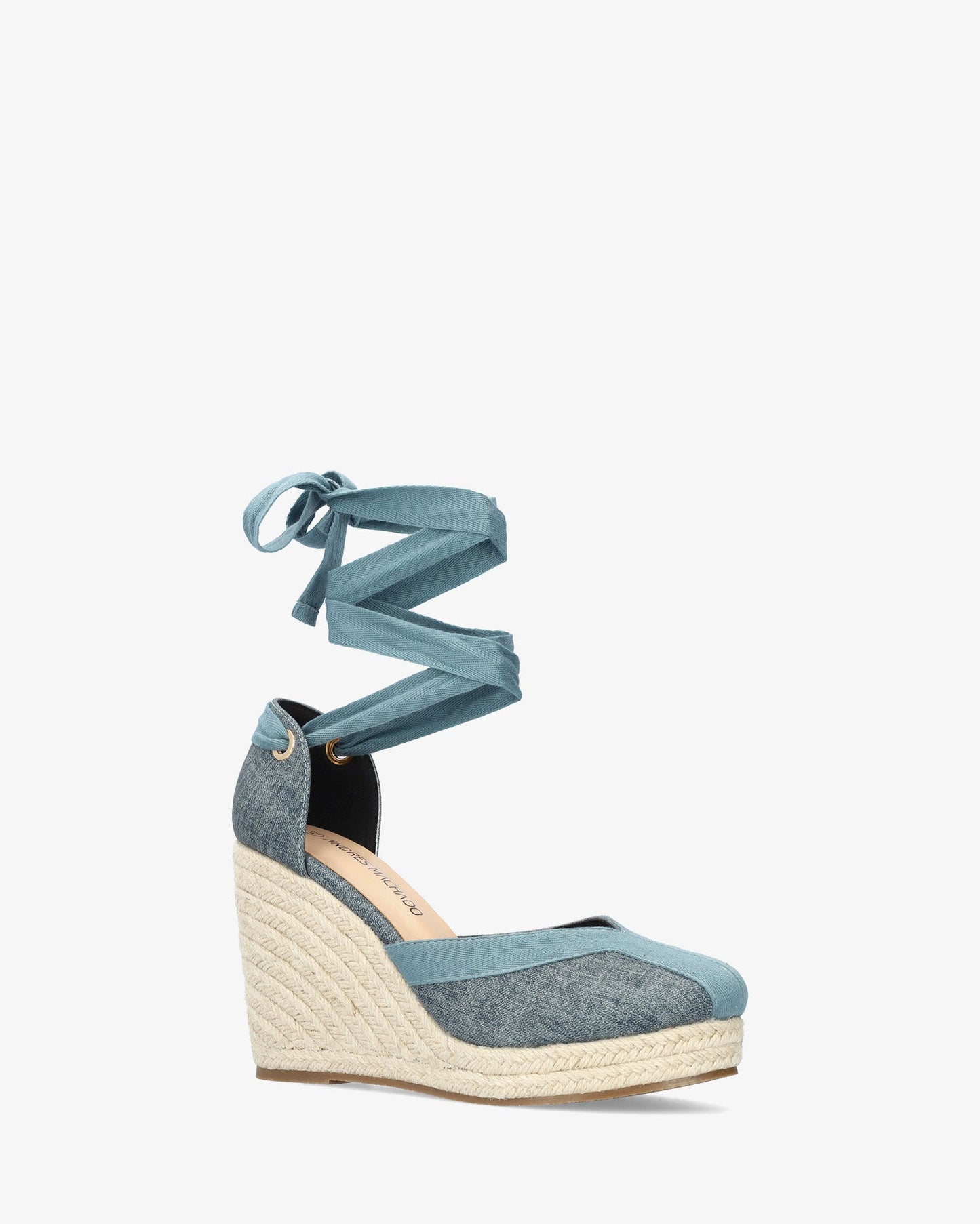 Turquoise fabric sandal with jute wedge