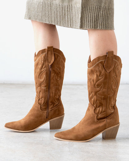 Camel-colored faux suede cowboy boot