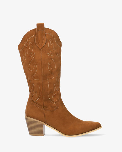 Camel-colored faux suede cowboy boot