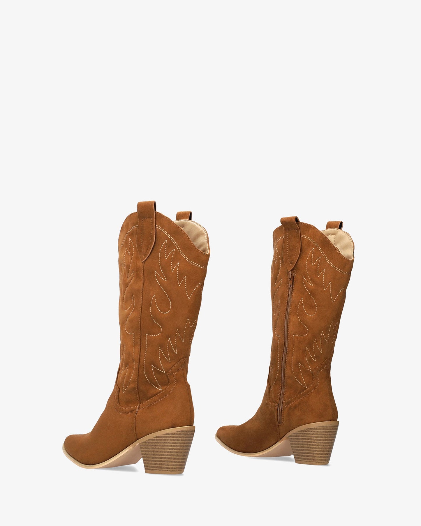 Camel-colored faux suede cowboy boot