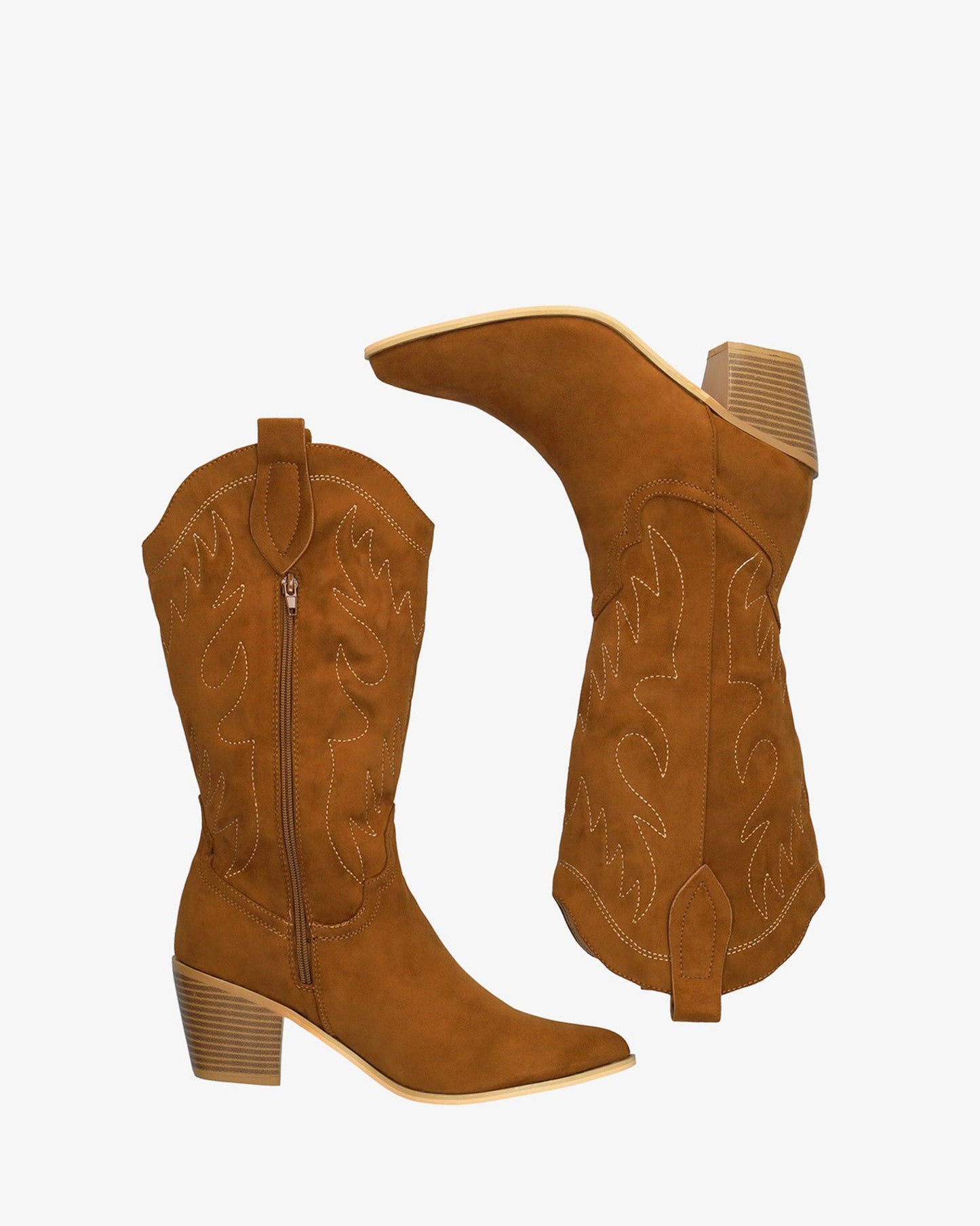 Camel-colored faux suede cowboy boot