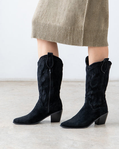 Black faux suede cowboy boot