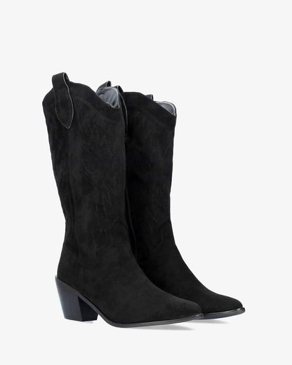 Black faux suede cowboy boot