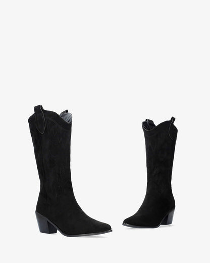 Black faux suede cowboy boot