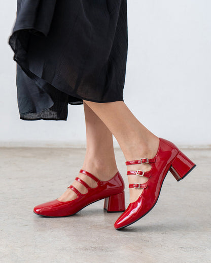 Mary Jane shoes with red patent leather heels