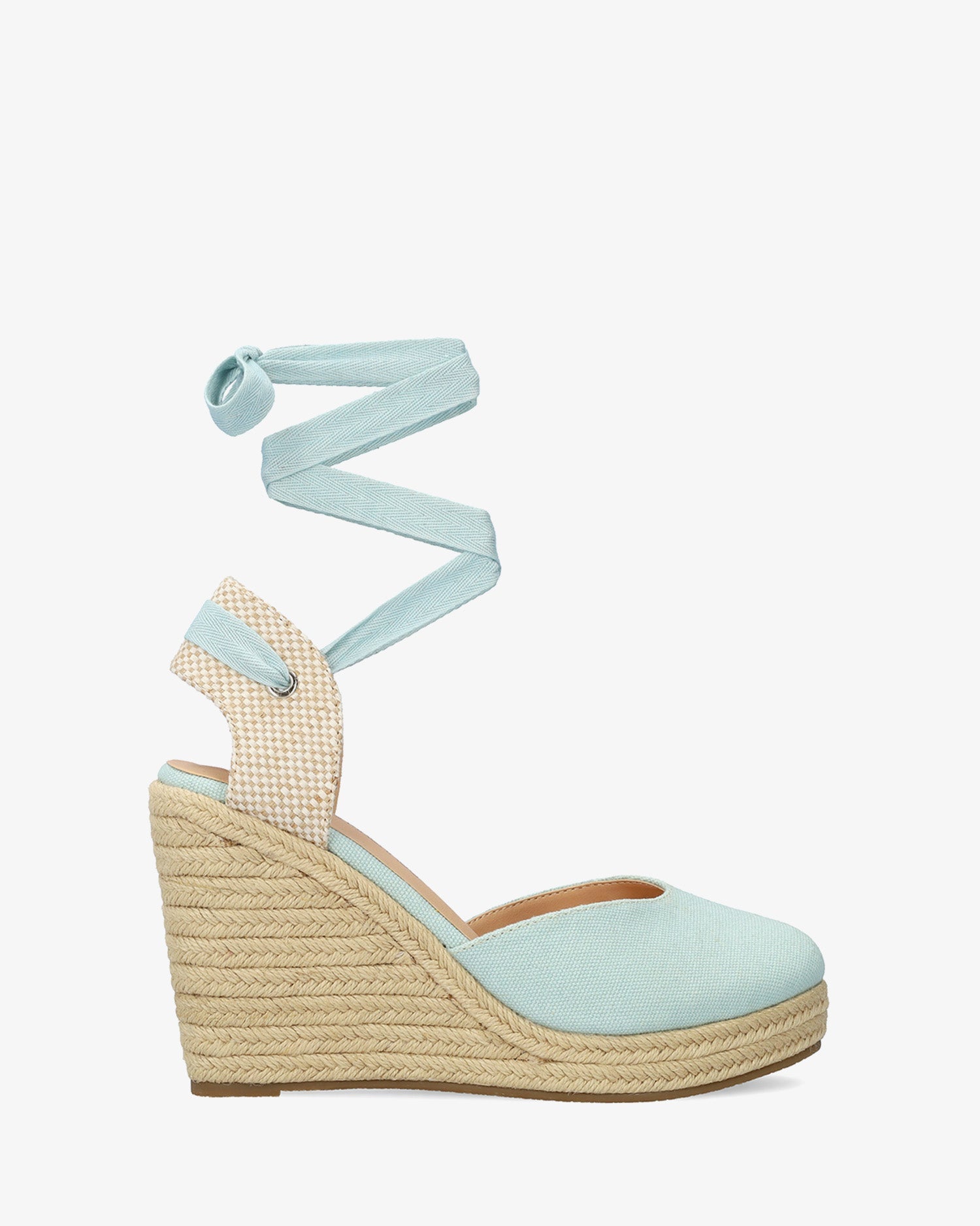 Sandalia de cuña celeste con lazada ajustable