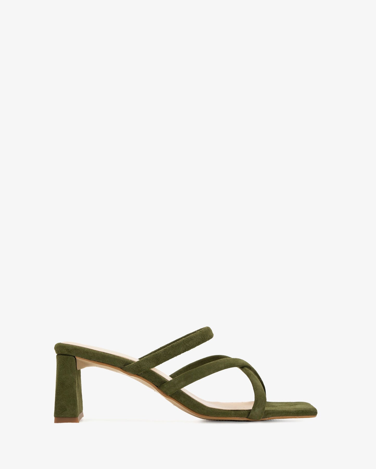 Mule de tacón en ante kaki punta cuadrada