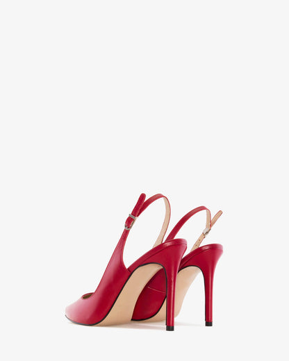 Red leather slingback pump with pointed toe