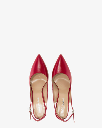 Red leather slingback pump with pointed toe