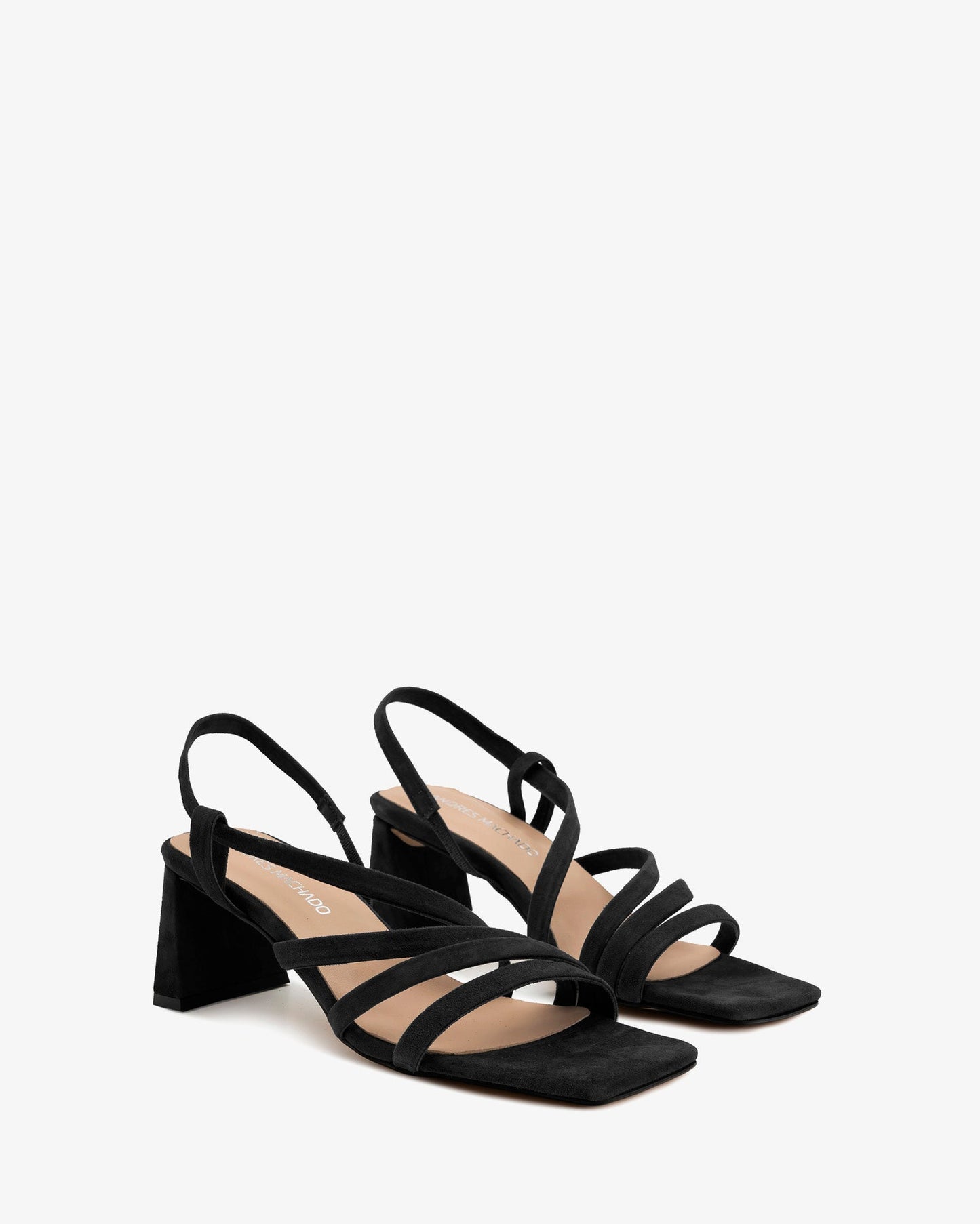 Sandalias tiras en ante negro punta cuadrada