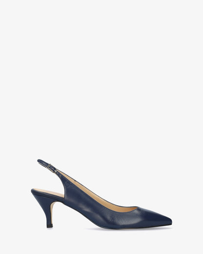 Slingback pump with pointed toe in navy blue leather
