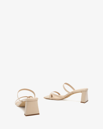 Beige leather square toe heeled mule