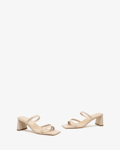Beige leather square toe heeled mule