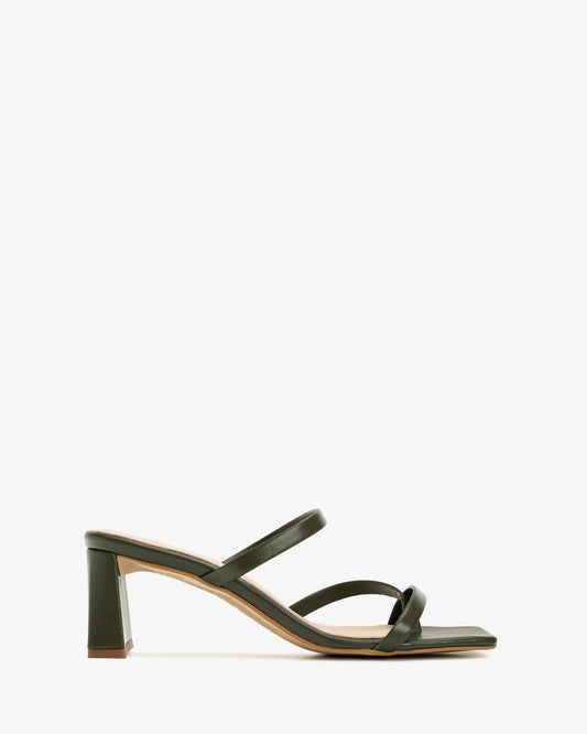 Khaki leather square toe heeled mule