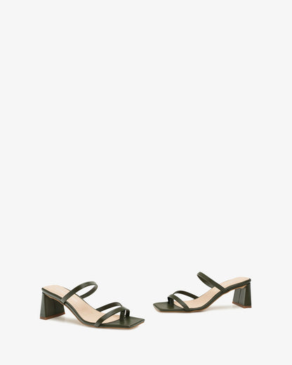 Khaki leather square toe heeled mule