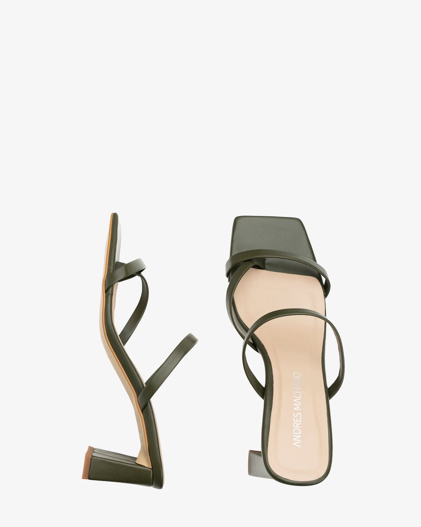 Khaki leather square toe heeled mule