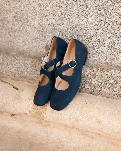 Blue suede flat ballerina flats