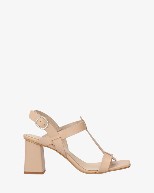 Sand-colored leather heeled sandal
