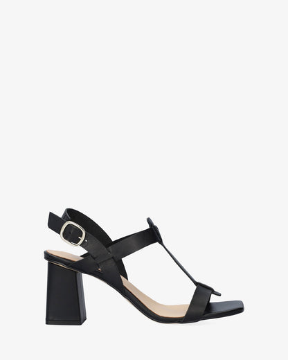 Black leather heeled sandal