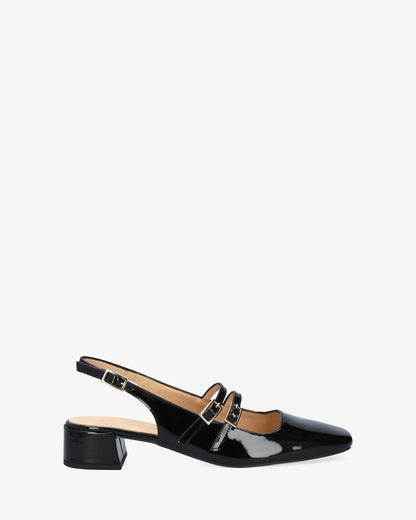 Black patent leather ballerina flats with heels