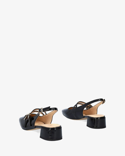 Black patent leather ballerina flats with heels