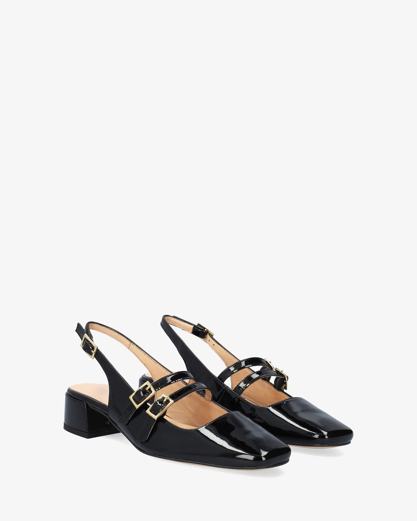 Black patent leather ballerina flats with heels
