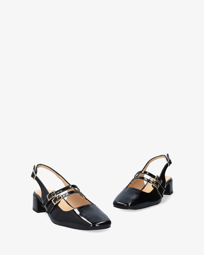 Black patent leather ballerina flats with heels